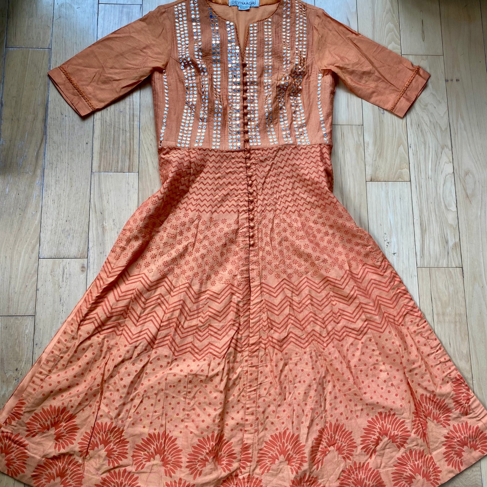 Devnaagri Boho Orange Unisex Kurta Top Sequin Embroidered Mirror Traditional - S